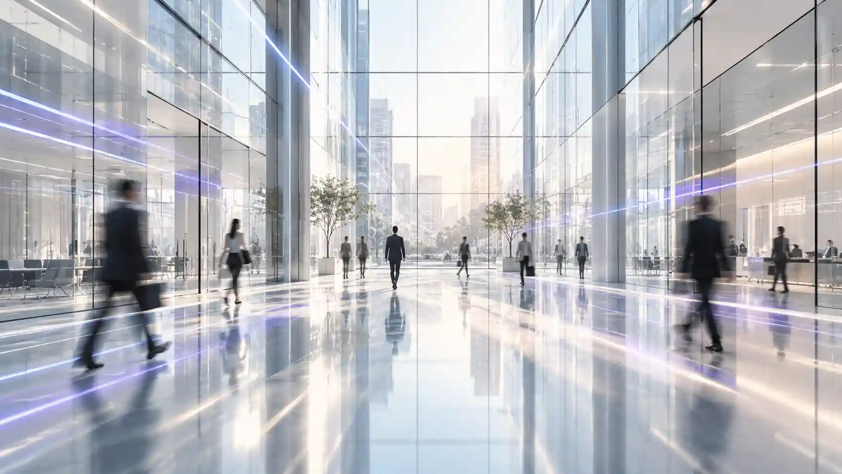 Enterprise operations in motion inside a modern glass office atrium.